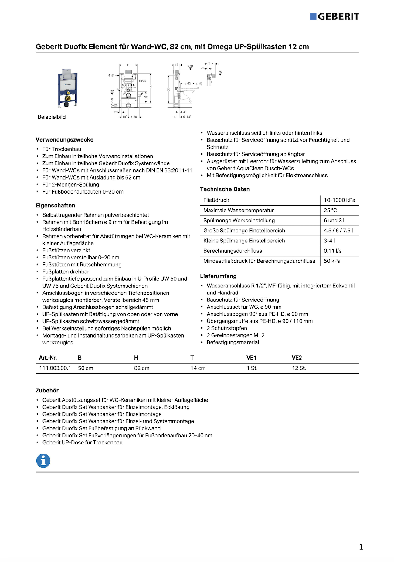 Vorwandelement Geberit Duofix für Wand-WC,  Bedienung von oben